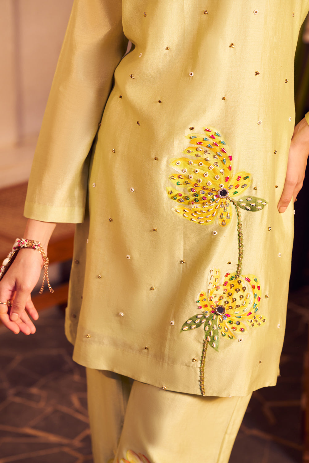 Lali Yellow Chanderi Embellished Sequin Floral Handpainted Kurta With Pant
