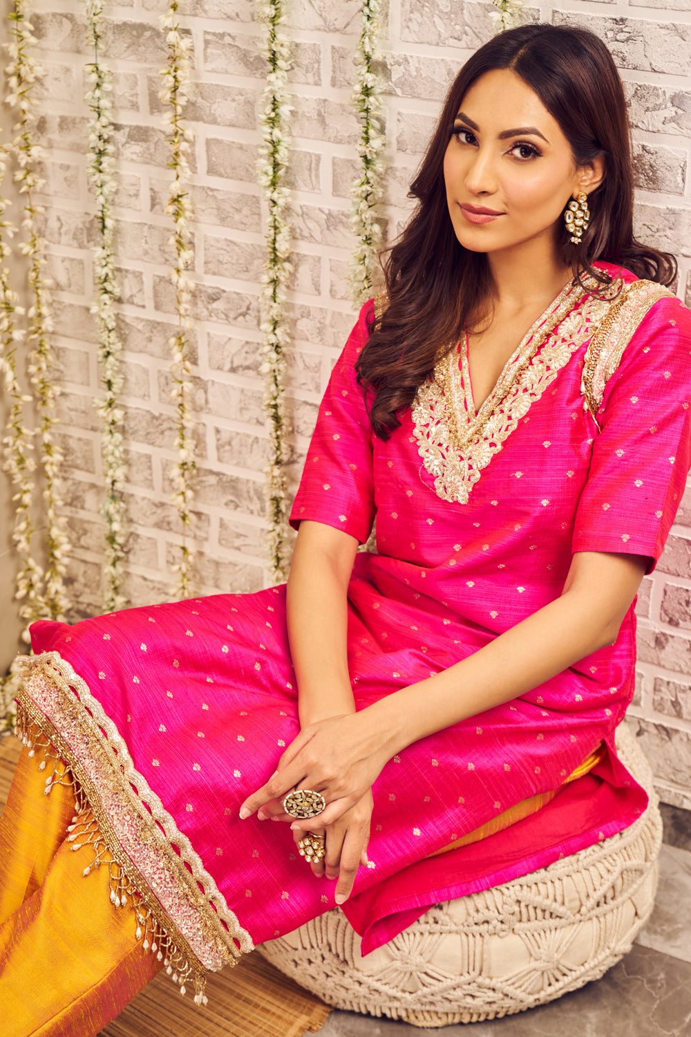 Shagna Suramya Pink Yellow Banarasi Kurti with Pants Set