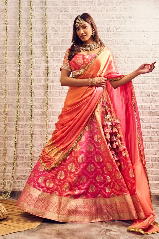 Shagna Moh Pink Orange Banarasi Skirt and Blouse with Dupatta Set
