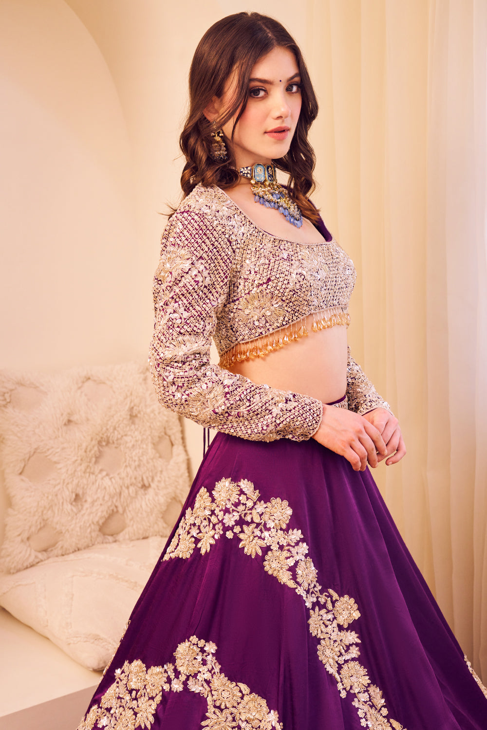 Nyra Purple Satin Silk Lining Shantoon Embroidery Sequin Ambrosia Lehenga Set