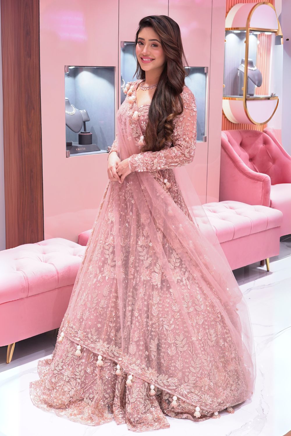 Shivangi Joshi in Rose Gold Net Lehenga with Blouse and Dupatta