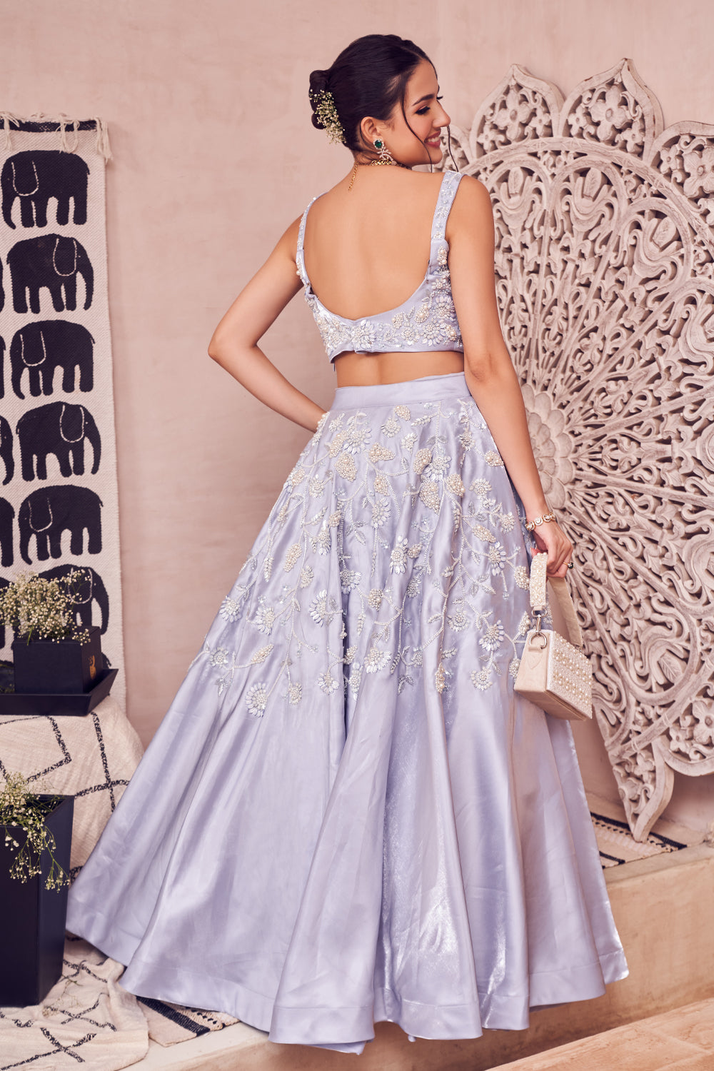 Blue Pearl Glass Satin Hand Embellished Floral Sweetheart Lehenga Set