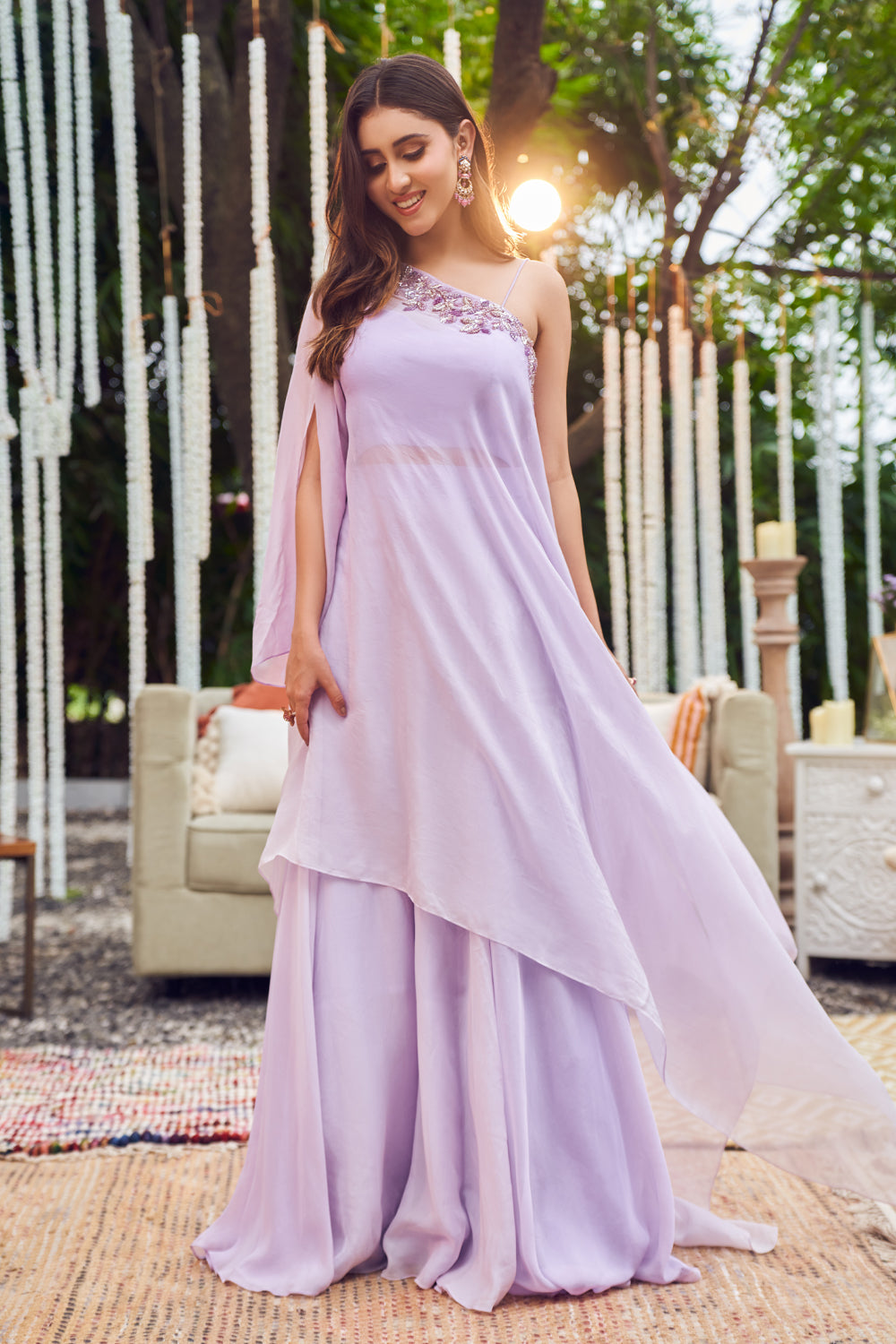Periwinkle Purple Organza Lining Shantoon Embroidery Kaftan Set