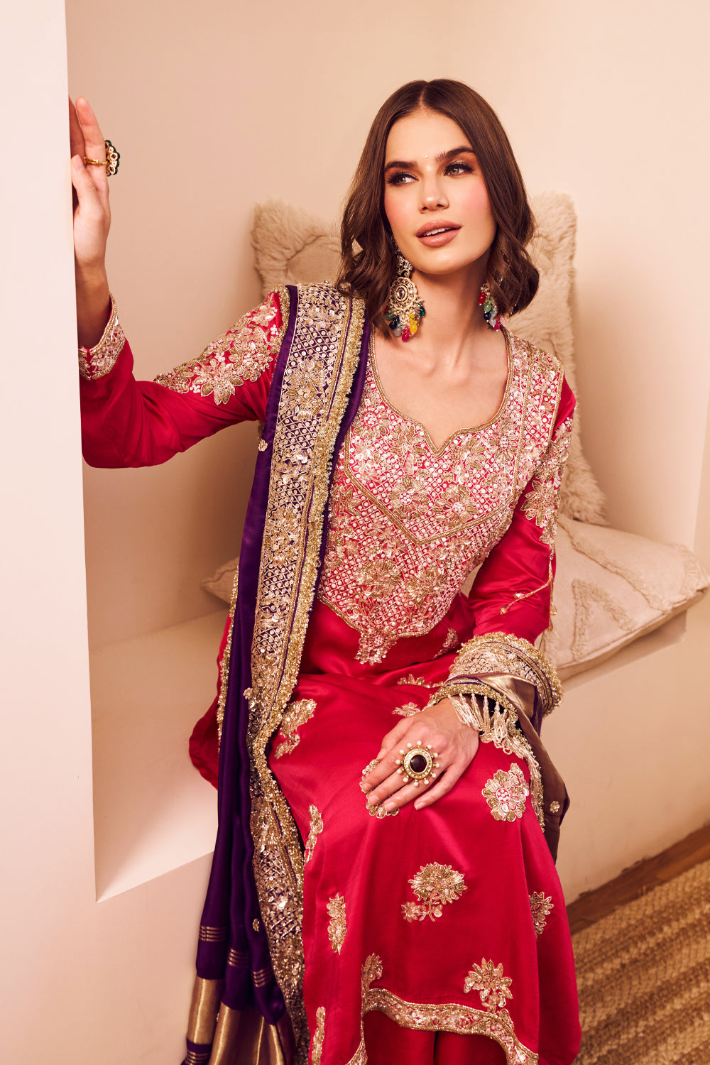 Gehraaiyaan Hot Pink Purple Satin Silk Embroidery Sequin Mughal Blossom Kurta Pant Set