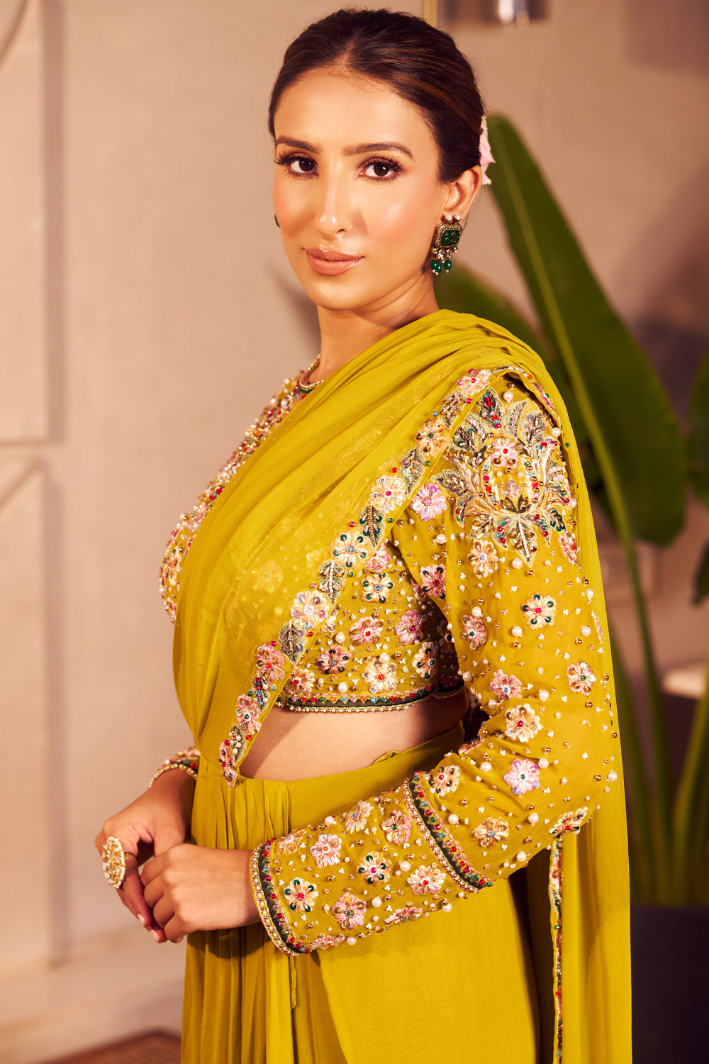 Jasmine Green Georgette Embroidered Thread Border Pre-Draped Saree With Blouse