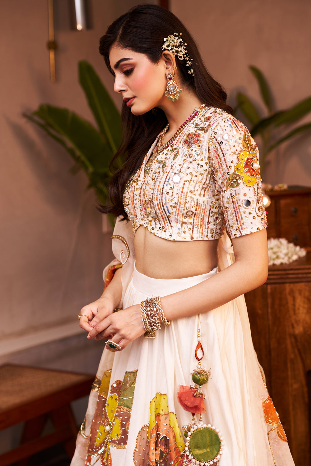 Shehnaaz Ivory Kora Organza Cutdana Embellishment & Embroidered Lehenga Set