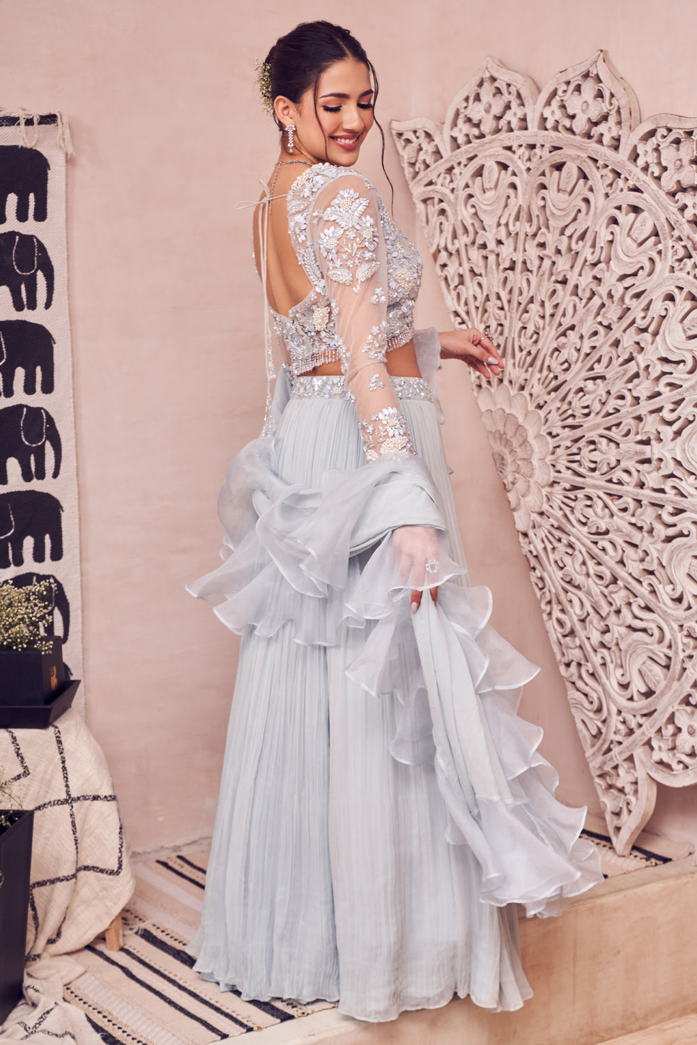 Heavenly Hue Blue Net Hand Embellished Pearls Sweetheart Lehenga Set