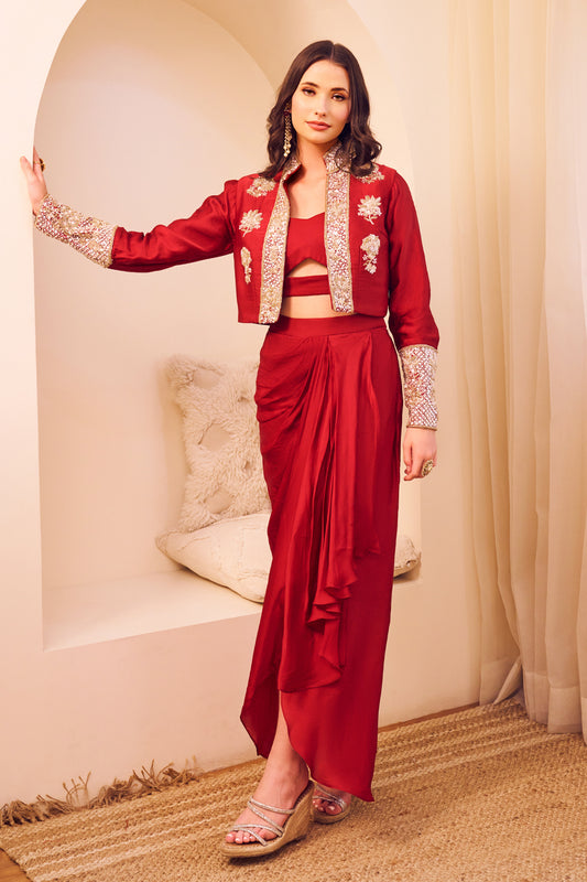 Chaand Maroon Satin Silk Lining Shantoon Padma Jacket Draped Dhoti Skirt Set