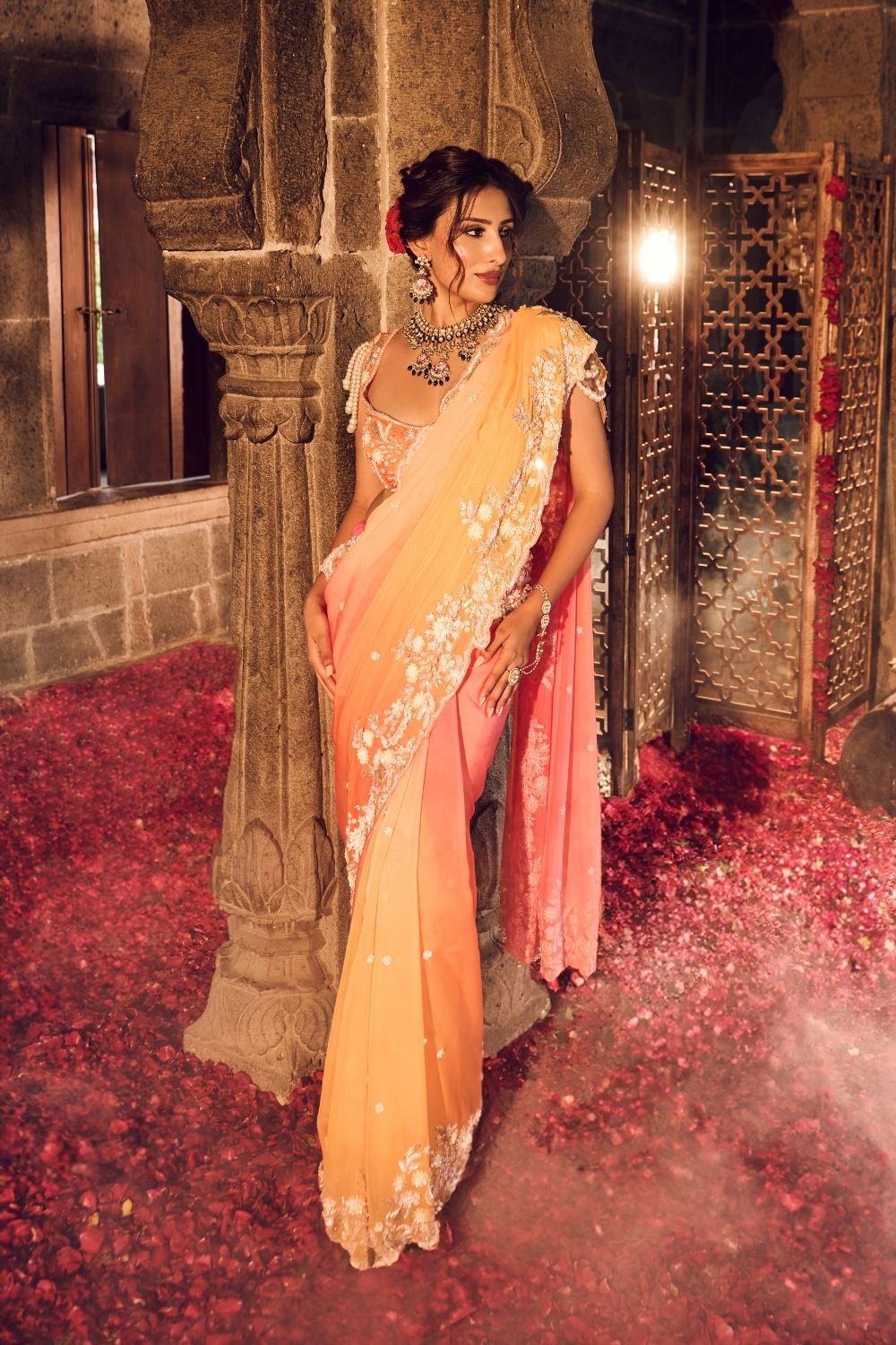 Zainab Orange Yellow Viscose Organza Lining Shantoon Floral Saree With Blouse