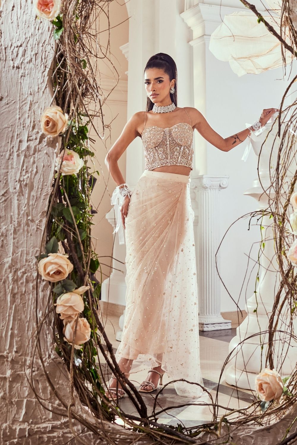 Adelina Blush Pink Hand Embellished Net Corset and Drape Set