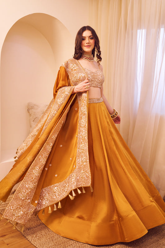Aashiyaan Mustard Satin Silk Lining Shantoon Gul Jaal Waistband Lehenga Set