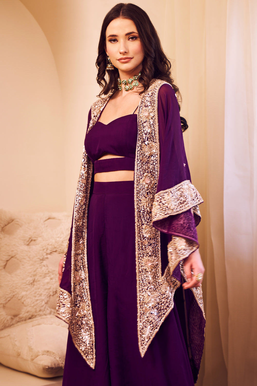 Mast Magan Purple Organza Lining Shantoon Embroidery Noor Bahar Cape Set