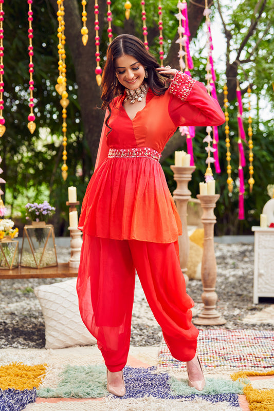 Red Viscose Organza Embroidery Crystals Ombre Peplum Kurta With Dhoti Pant