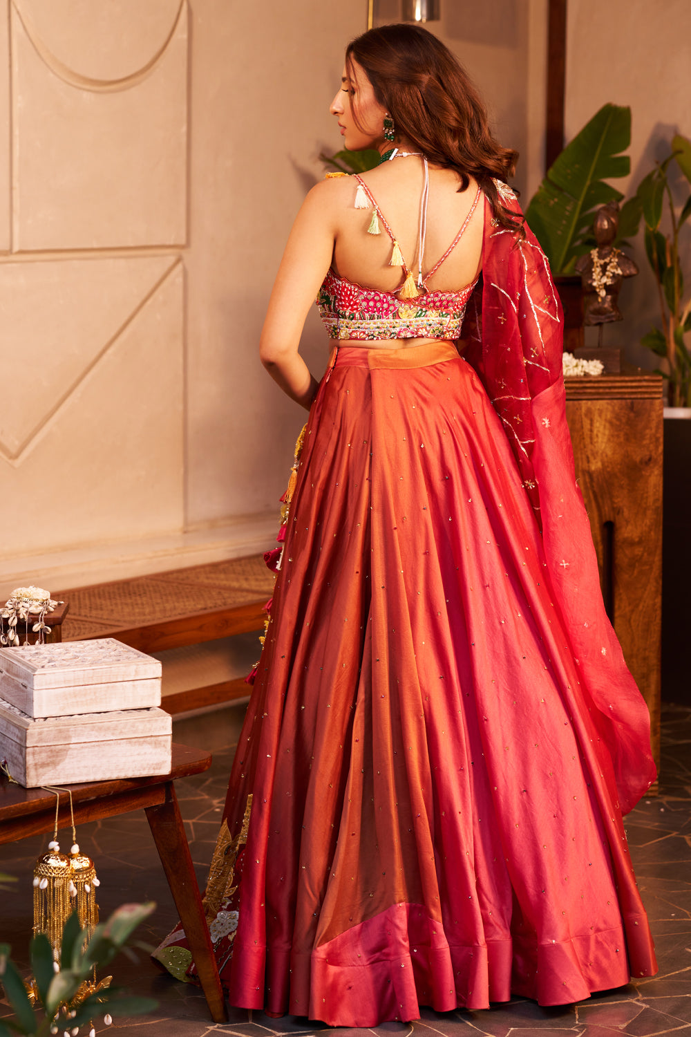 Gauhar Orange Kora Organza Lotus Square Embellishment & Embroidered Lehenga Set