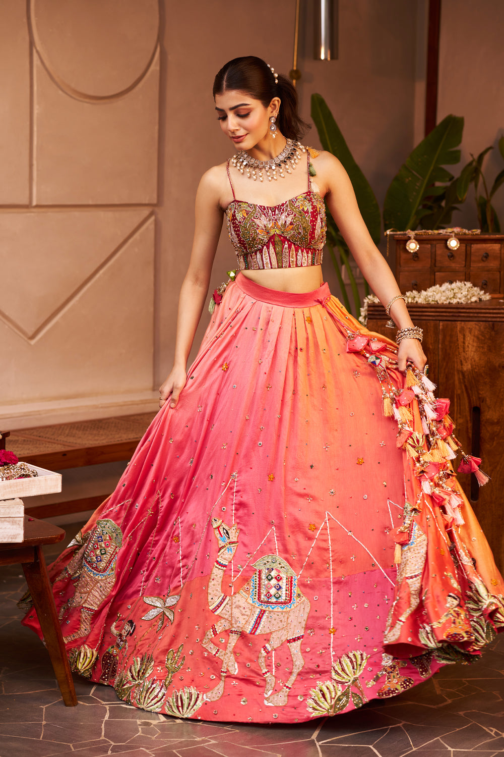 Madhubala Pink Chanderi At Sunset Embroidered Lehenga With Bustier