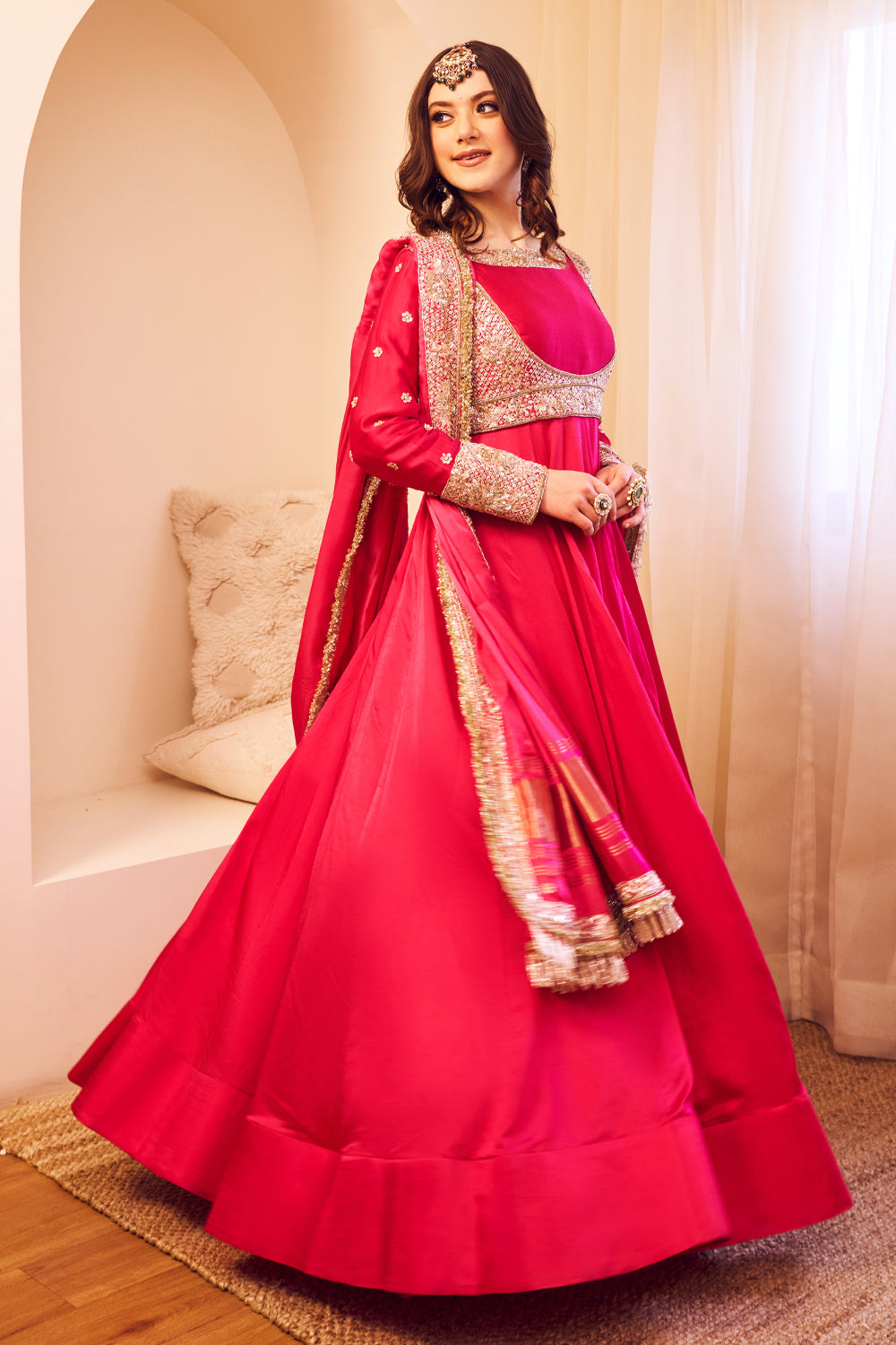 Meherbaan Pink Satin Silk Lining Shantoon Embroidery Ditsy Flora Anarkali Set