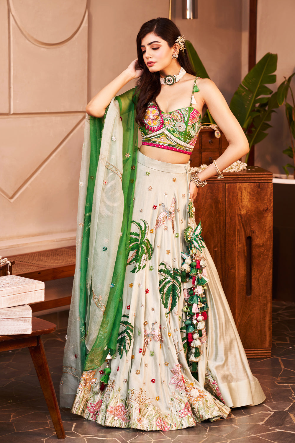 Mumtaaz Green Kora Organza  Embellished & Embroidered Lehenga Set