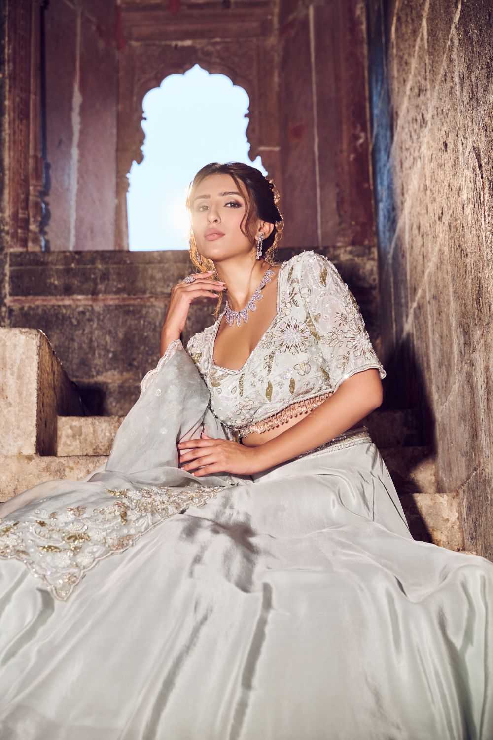 Oceane Powder Blue Embellished Crepe Lehenga with Blouse and Dupatta