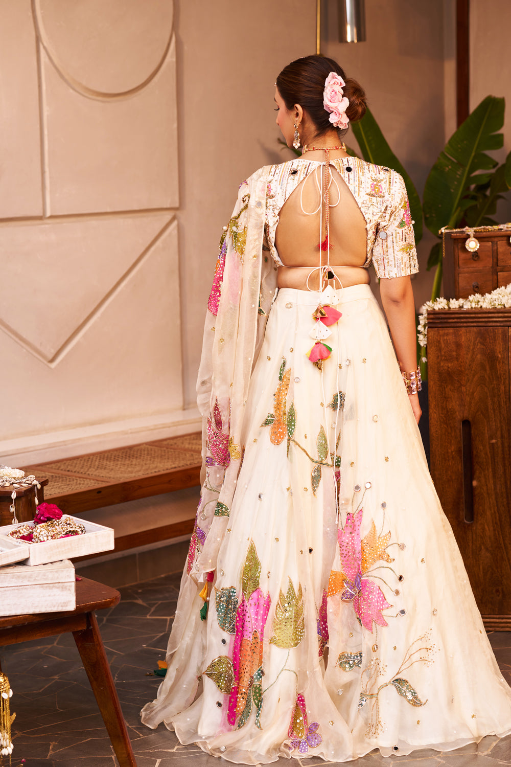Maya Ivory Kora Organza Hand Paint Floral V-Neck Lehenga Set