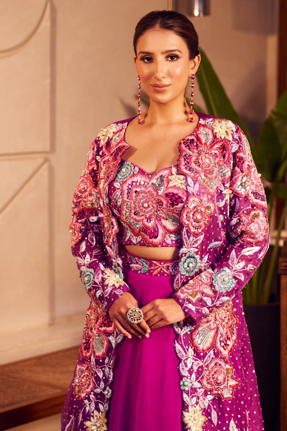 Radha Purple Georgette Embroidered Lehenga Set With Floral Patchwork Jacket