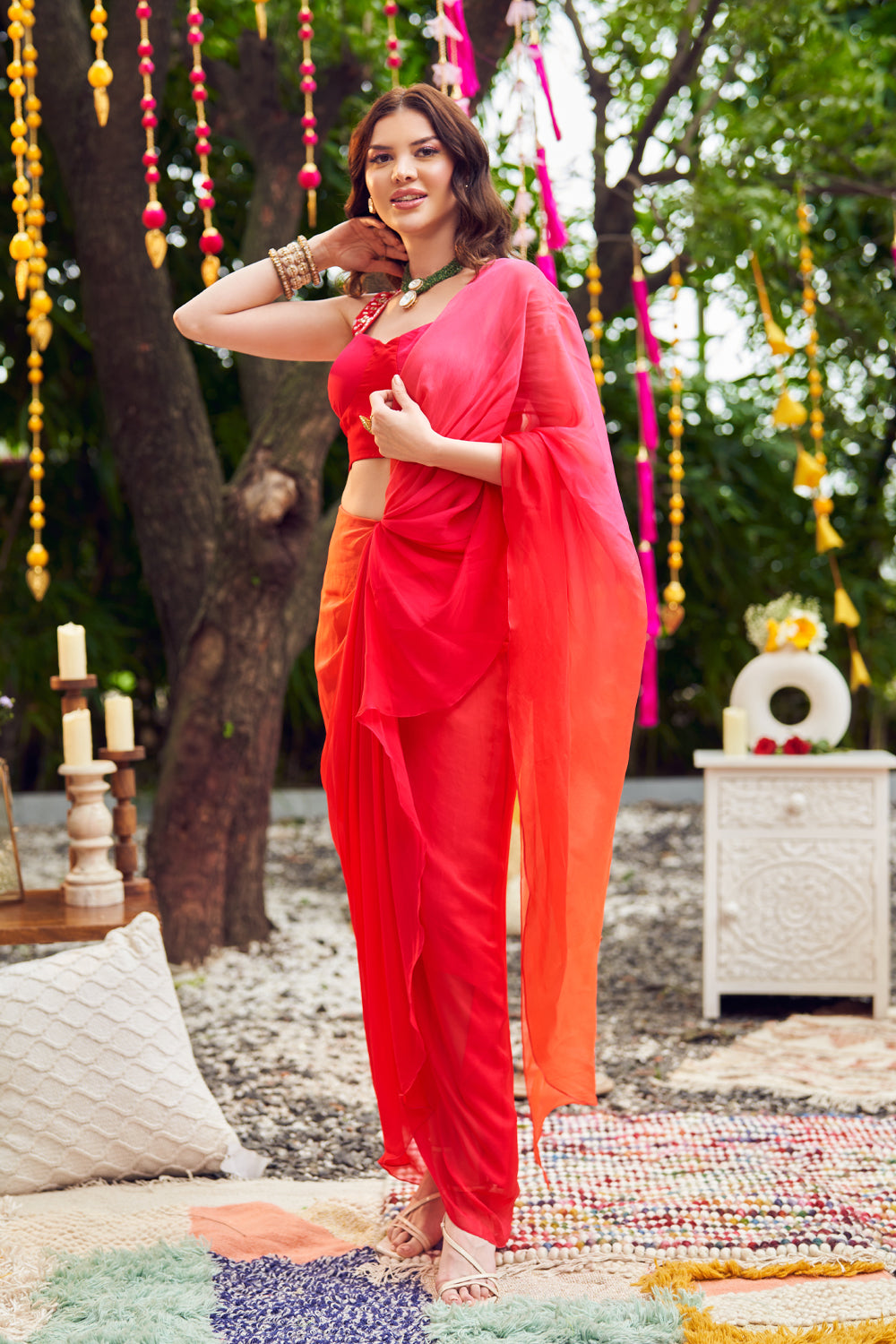 Blushing Ombre Red Viscose Organza Corset Blouse With Pre-Draped Saree