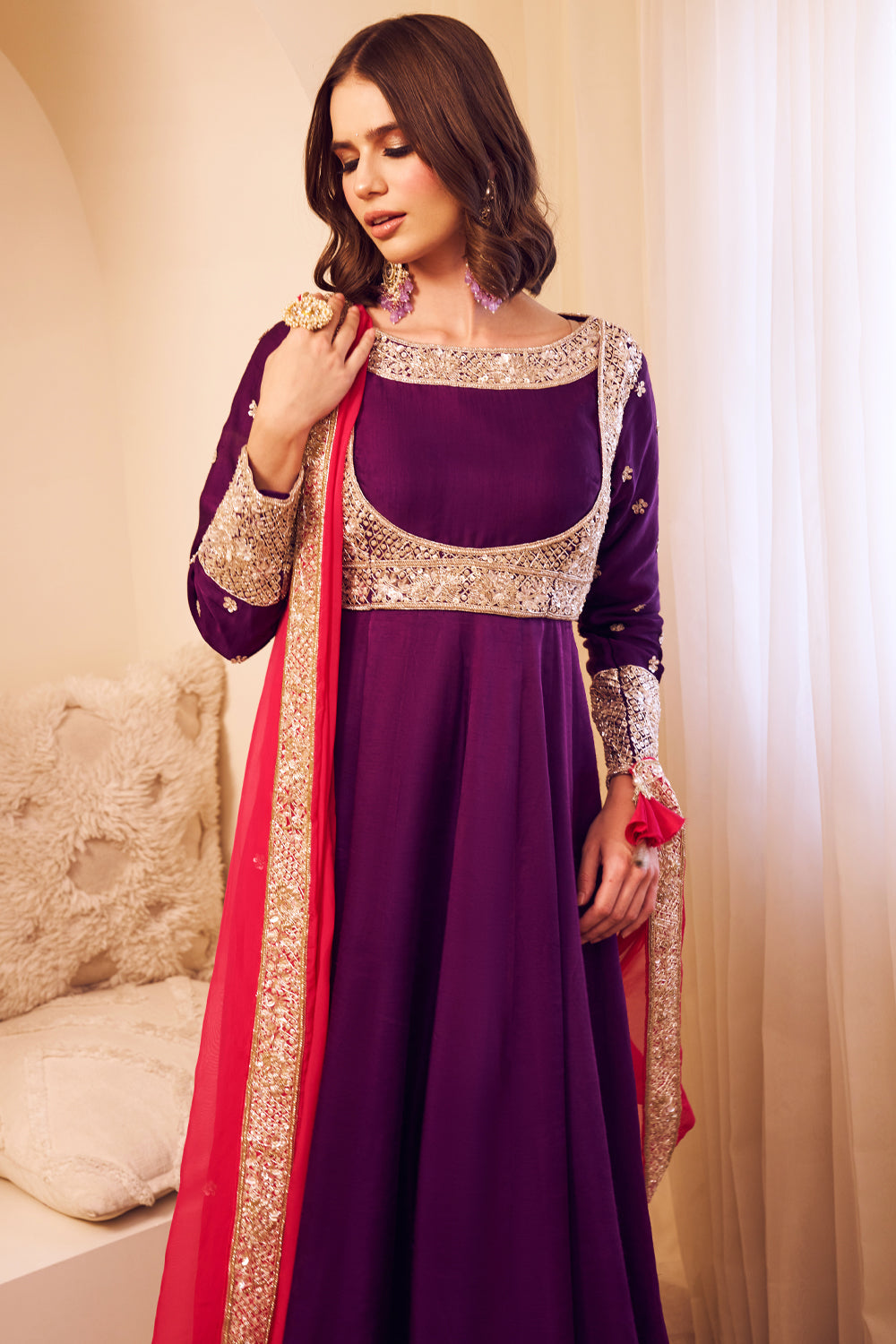 Meherbaan Purple Satin Silk Lining Shantoon Bahar Flora Anarkali Set
