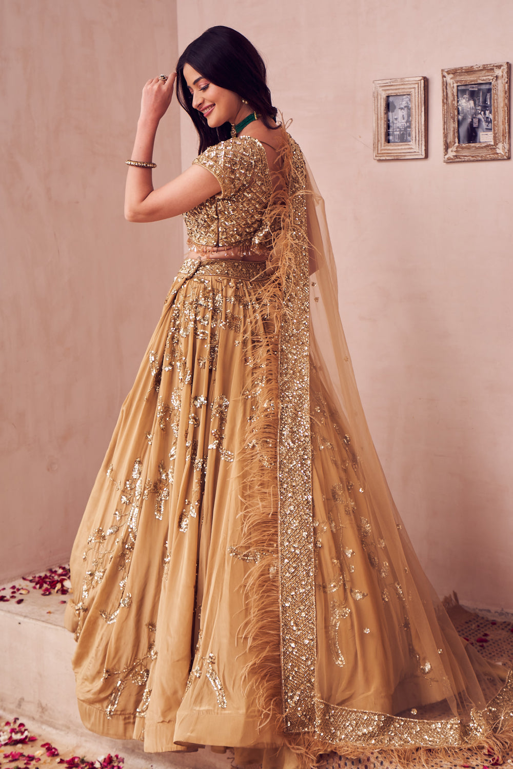 Royale Gold Net Embroidery Sequin Sweetheart Neck Ambrosia Bridal Lehenga Set