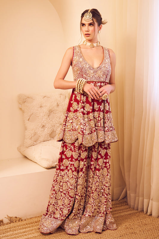 Rooh Maroon Organza Lining Shantoon Gulshan Peplum Kurti With Sharara