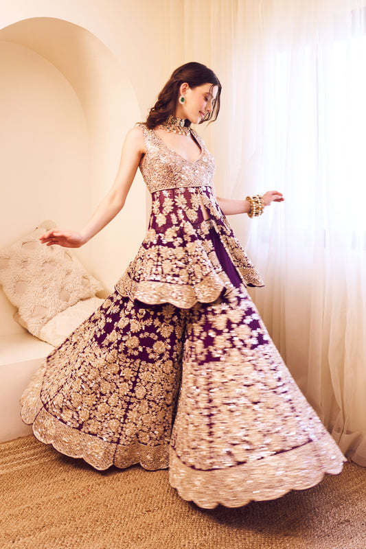 Rooh Purple Organza Lining Shantoon Embroidery Gul Peplum Kurti With Sharara