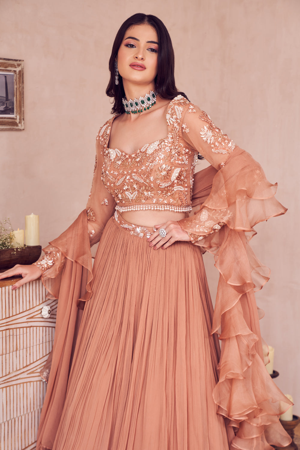 Rosewood Radiance Rose Gold Net Embellished Pearl Sweetheart Waist Lehenga Set