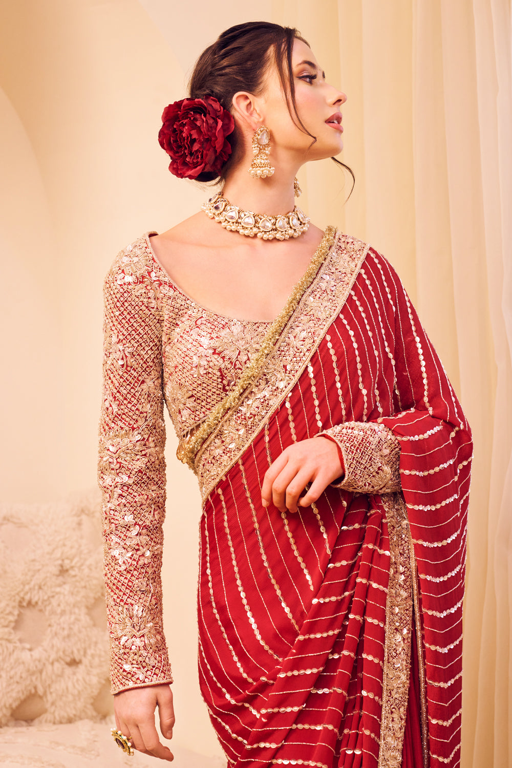 Riyaaz Maroon Organza Lining Shantoon Gullista Bahar Border Saree With Blouse