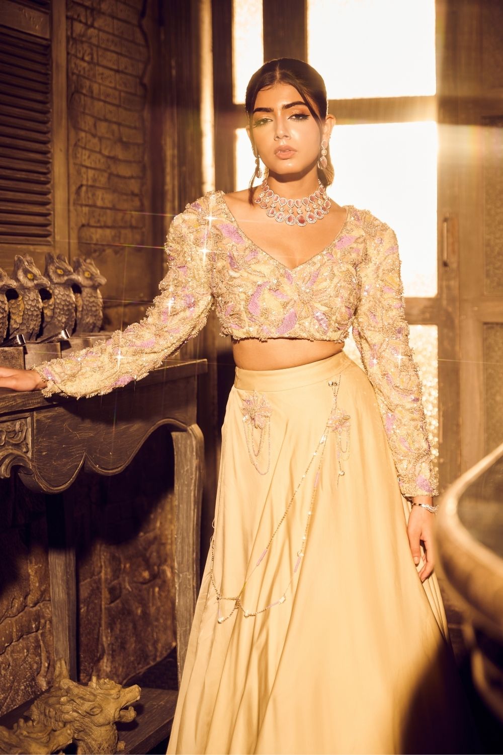 Ara Green Ivory Ombre Embellished V-neck Satin Organza Net Skirt with Crop Top