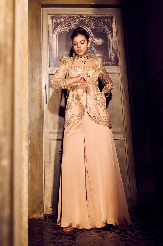 Nixie Flared Crepe Pants with Net Peplum