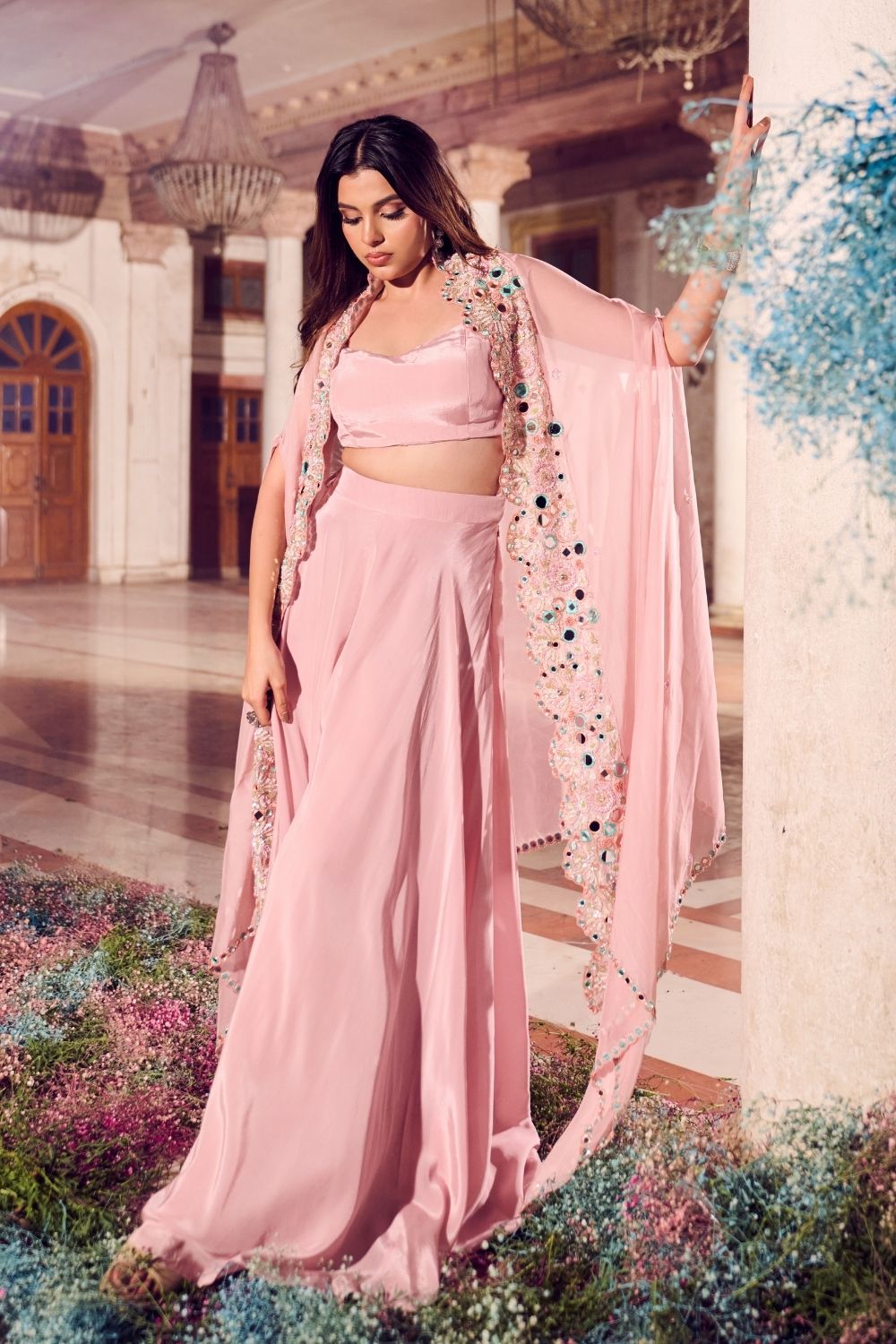 Lavanya Rose Gold Mirrorwork Skirt with Bustier and Cape