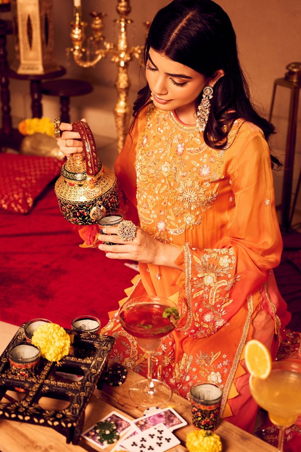 Saffron Glow Orange Viscose Organza Embellished Kurta Set with Dupatta