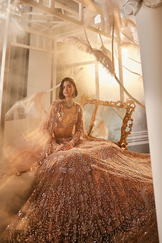 Diana Rose Gold Embellished Net Lehenga and Blouse with Dupatta