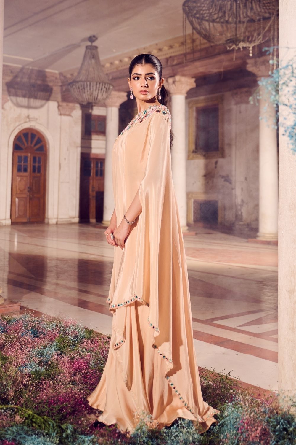 Zarafshan Cream Mirrorwork One shoulder Kaftan with Flared Pant and Bustier