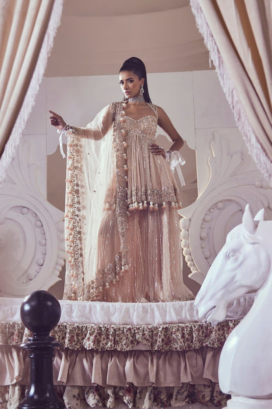 Iliana Blush Pink Hand Embellished Net Peplum Sharara Set with Deep Sweetheart Neckline