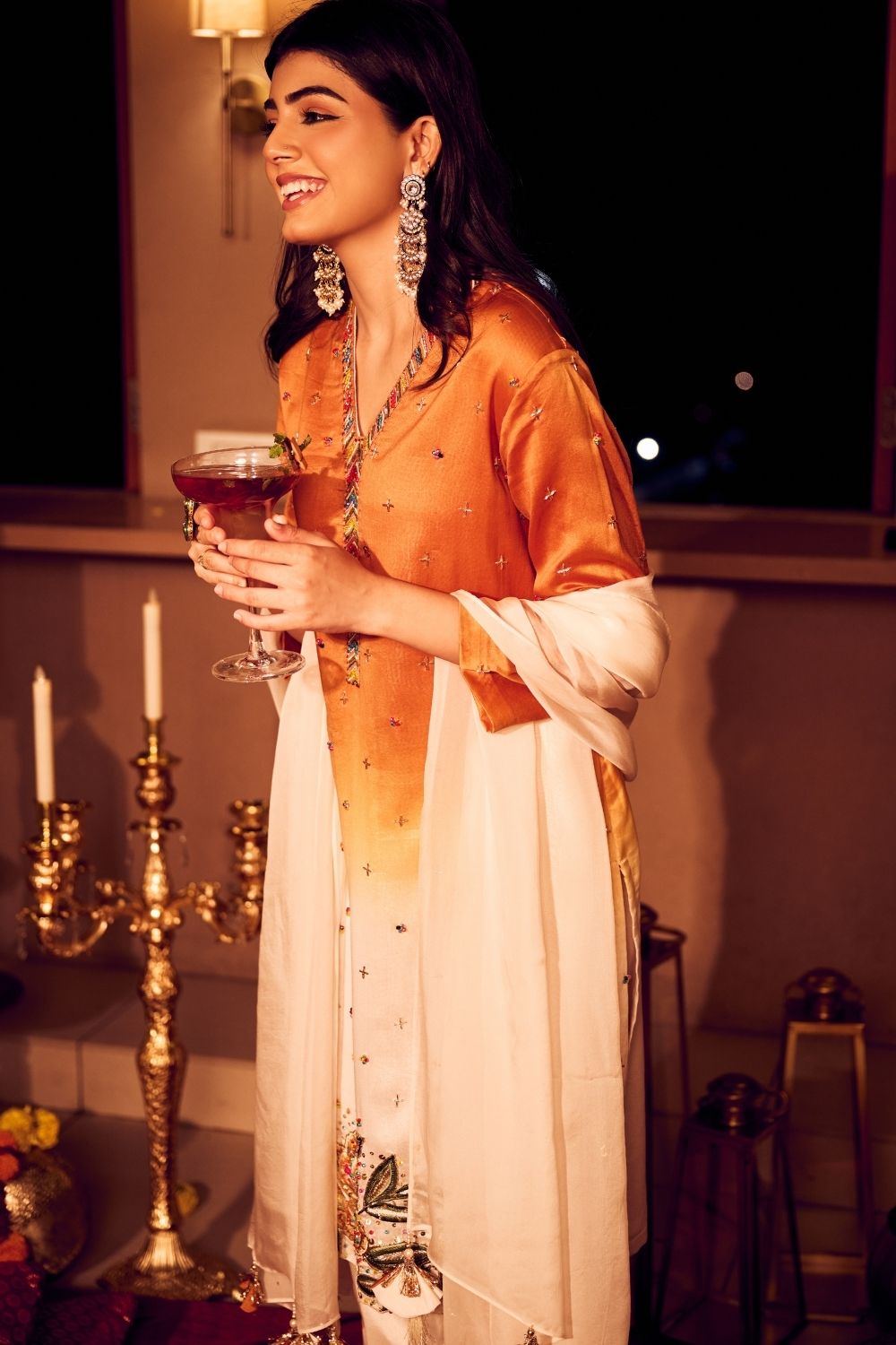 Fall Embrace Ivory Rust Chanderi Kora Embellished Suit set with dupatta