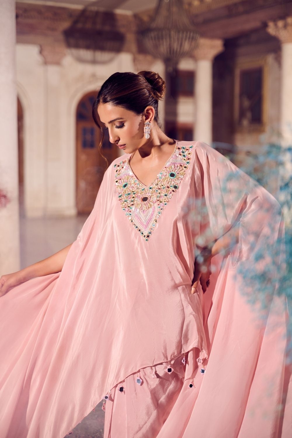 Ruhani Rose Gold Mirrorwork Draped Skirt with Kaftan