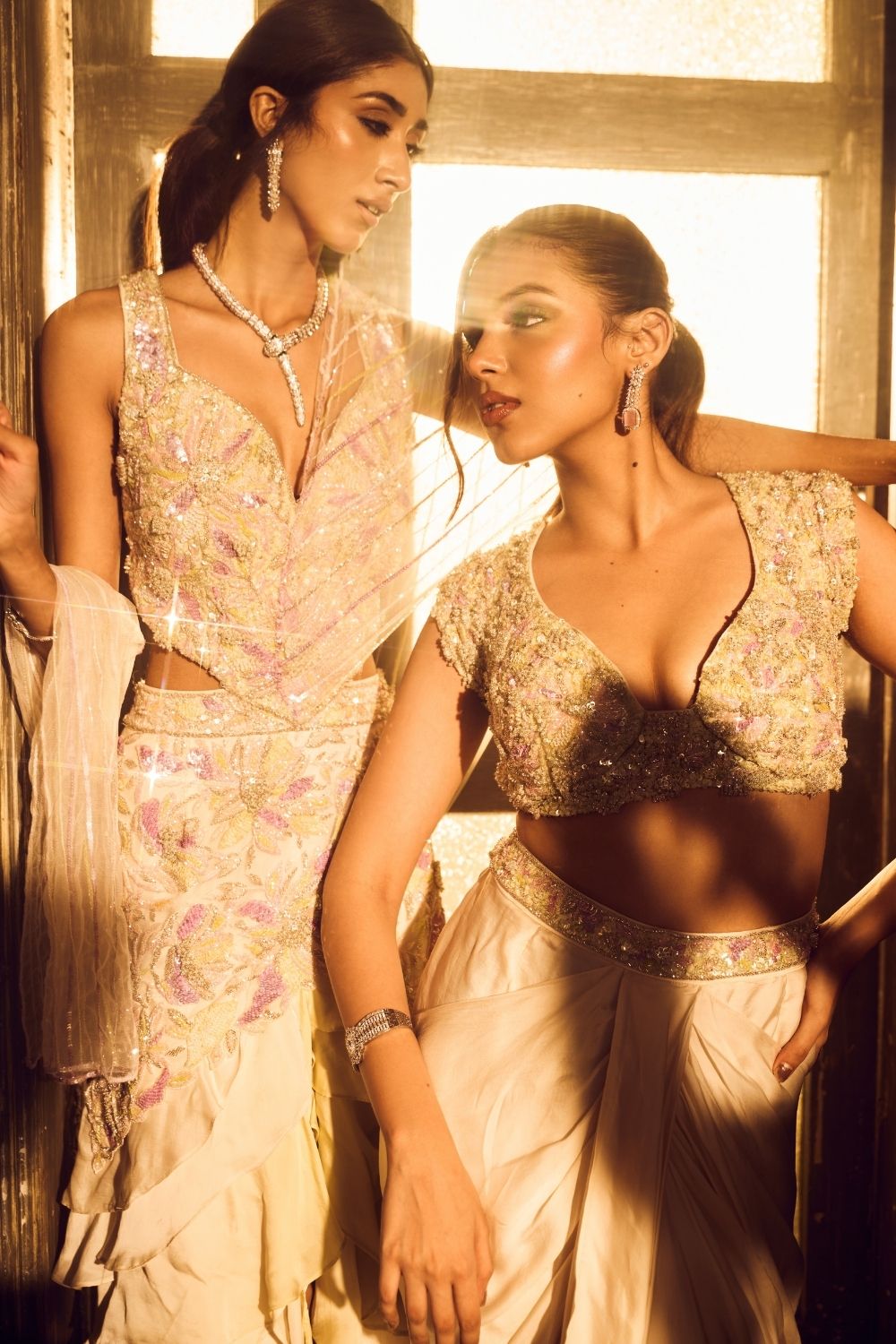 Virgo Green Ivory Ombre Embellished Sweetheart-Neck Satin Organza Net Drape Skirt Set with Dupatta