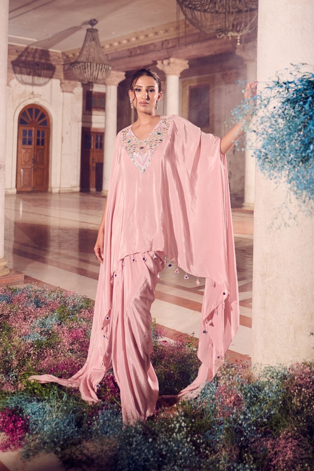 Ruhani Rose Gold Mirrorwork Draped Skirt with Kaftan