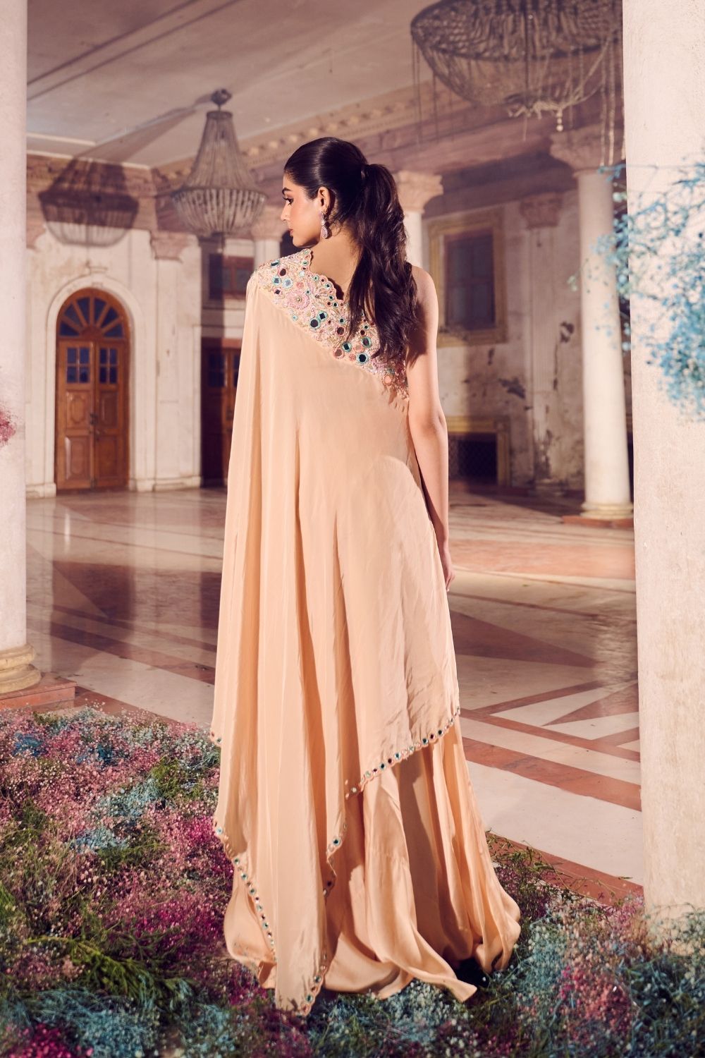 Zarafshan Cream Mirrorwork One shoulder Kaftan with Flared Pant and Bustier