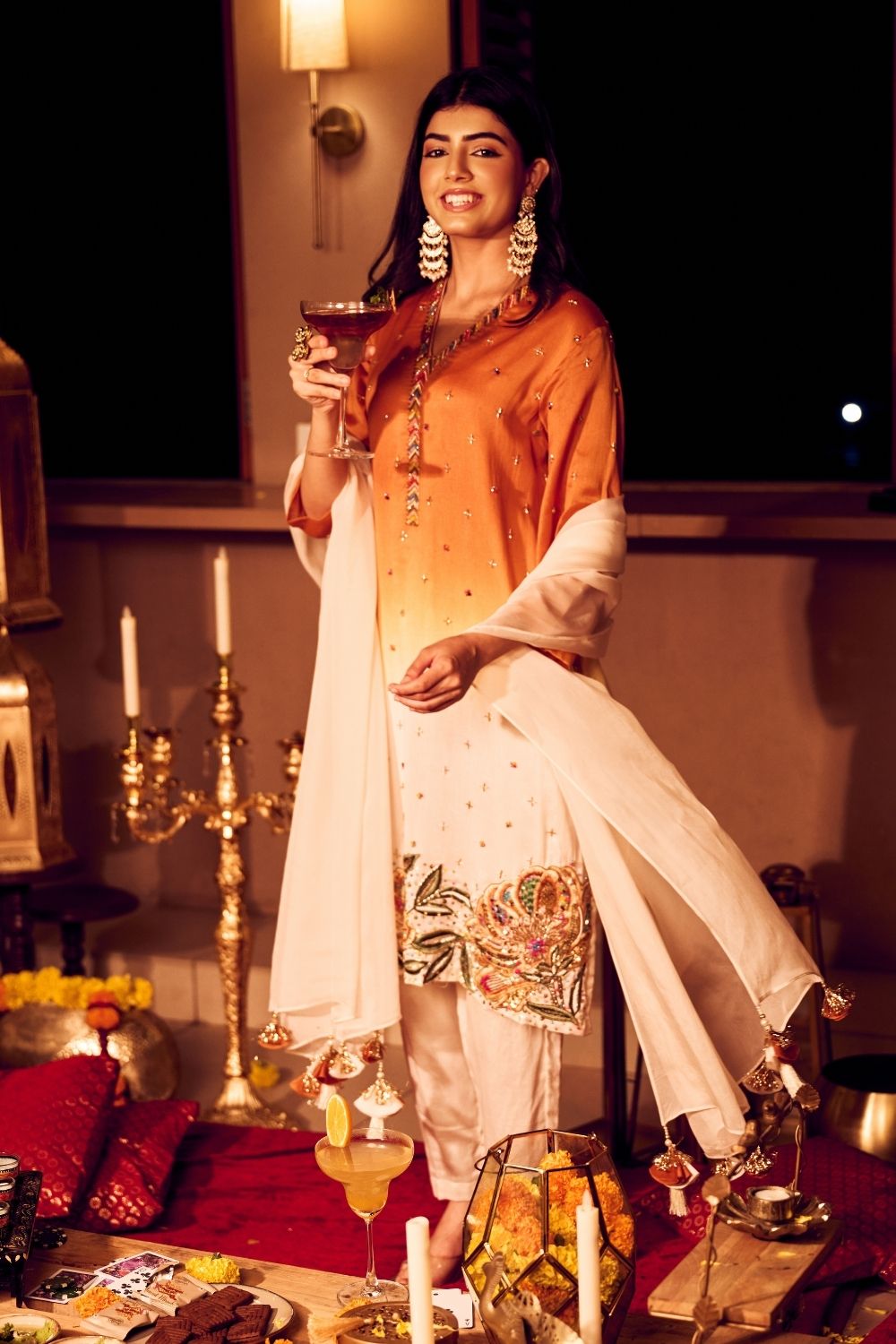Fall Embrace Ivory Rust Chanderi Kora Embellished Suit set with dupatta