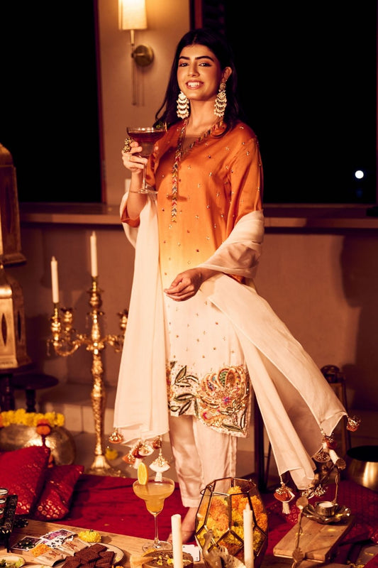 Fall Embrace Ivory Rust Chanderi Kora Embellished Suit set with dupatta