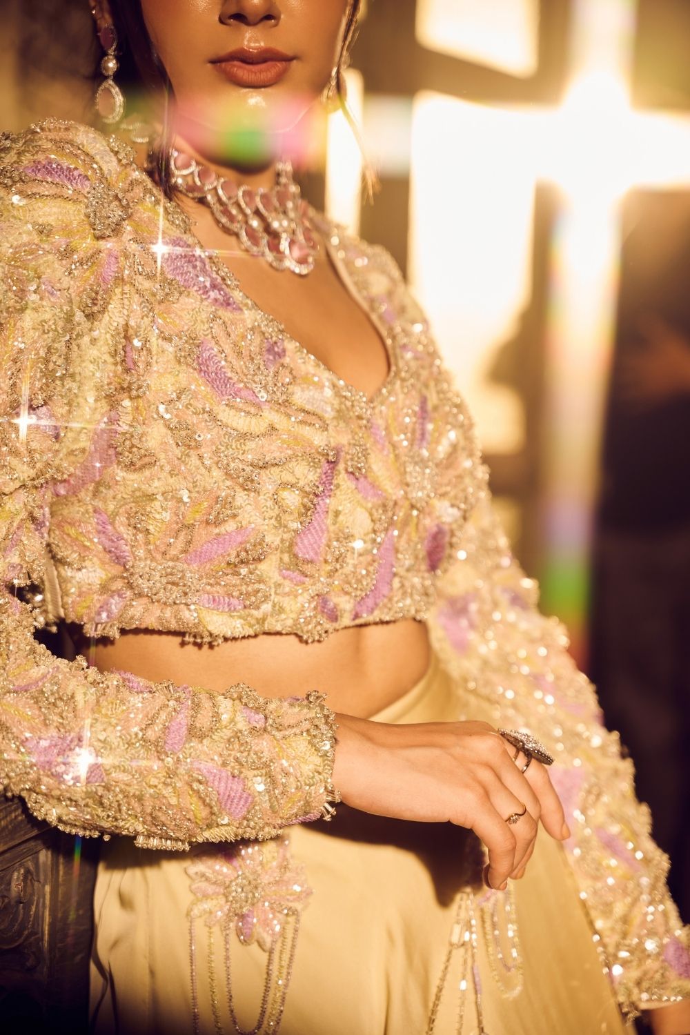 Ara Green Ivory Ombre Embellished V-neck Satin Organza Net Skirt with Crop Top