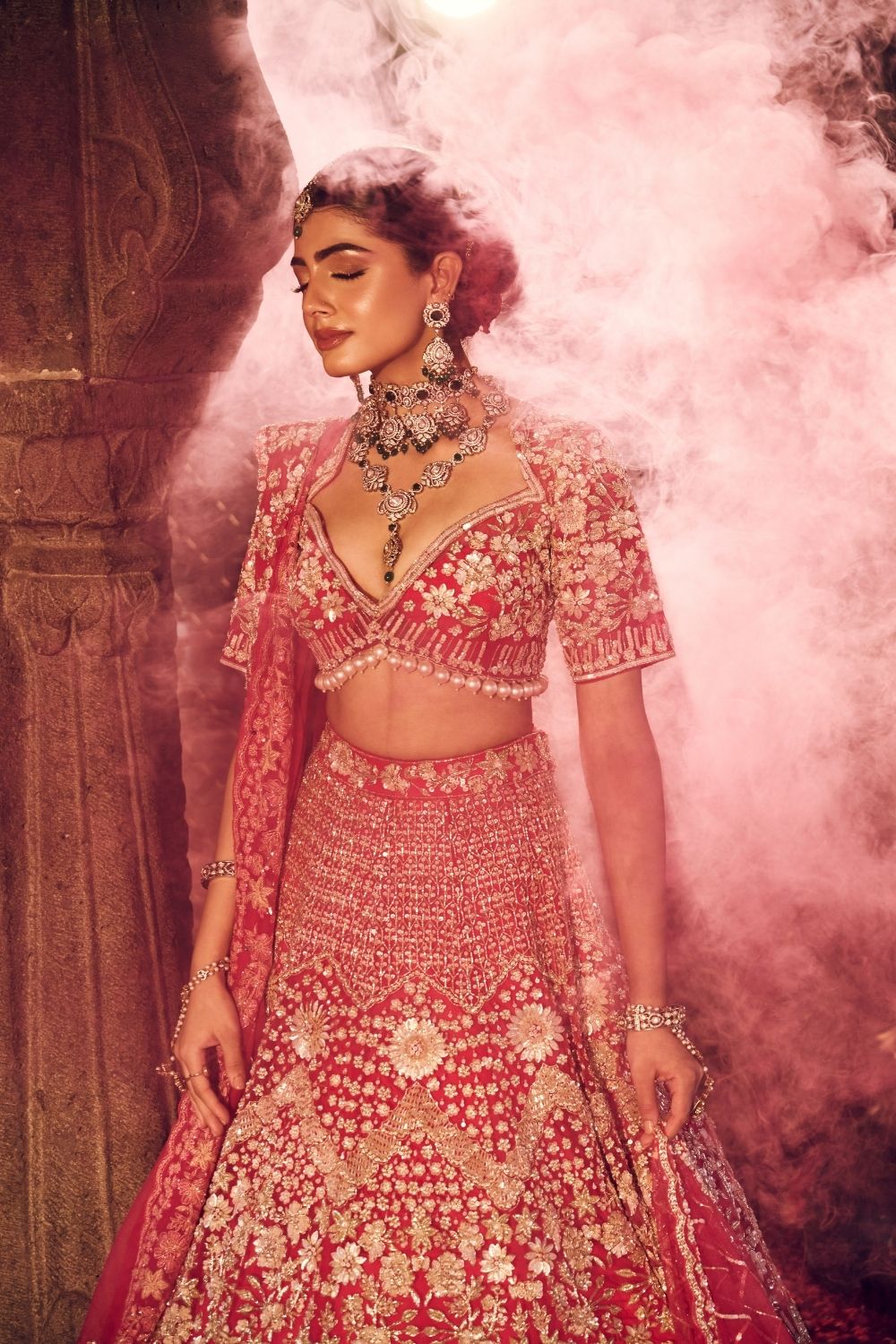 Jahanara Hot Pink Kora Organza Lining Shantoon Sequence Cutdana Bridal Lehenga Set