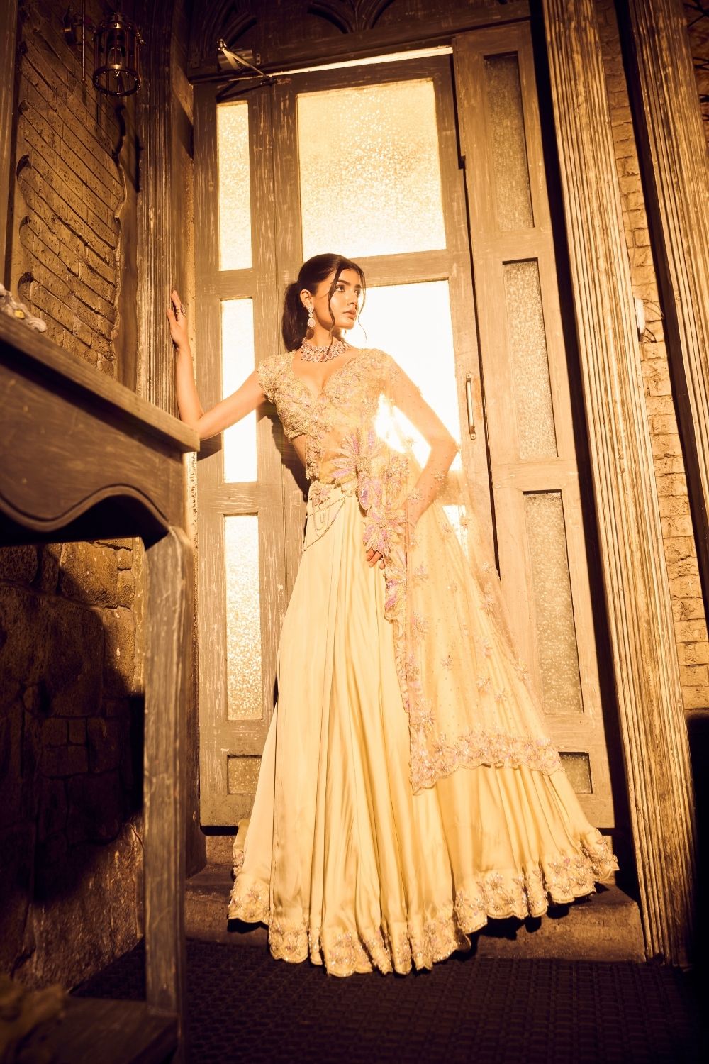 Lyra Green Ivory Ombre Embellished V-neck Satin Organza Net Lehenga with Dupatta