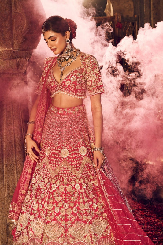 Jahanara Hot Pink Kora Organza Lining Shantoon Sequence Cutdana Bridal Lehenga Set
