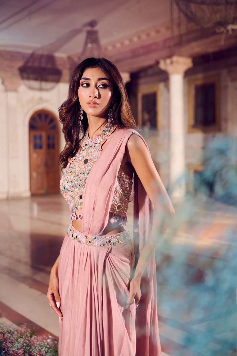 Rosa Rose Gold Mirrorwork Draped Skirt with Bustier